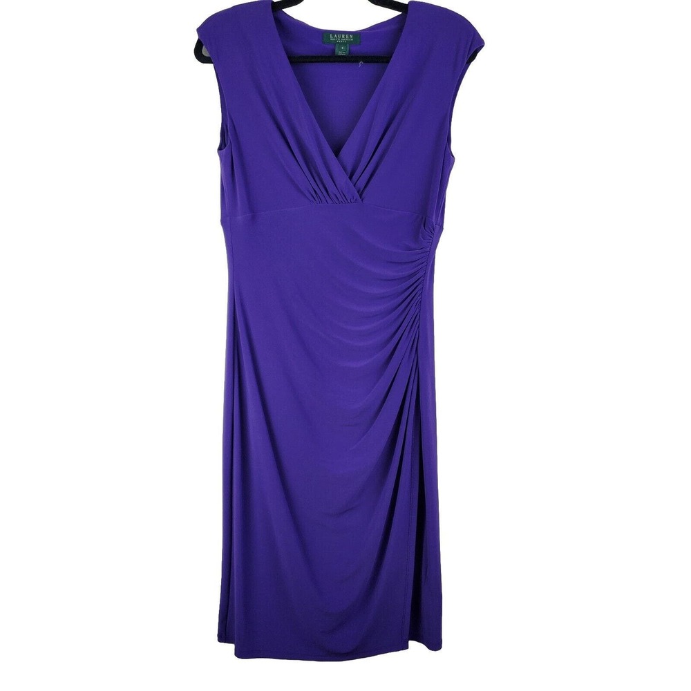Lauren Ralph Lauren Women 8 Sleeveless Sheath Dress Purple Ruched Slimming Med